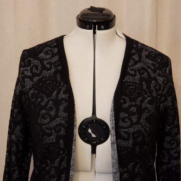 Chicos Black Silver Metallic Brocade Wool Blend Open Front Midi Cardigan SZ 2(L) - Picture 2 of 9